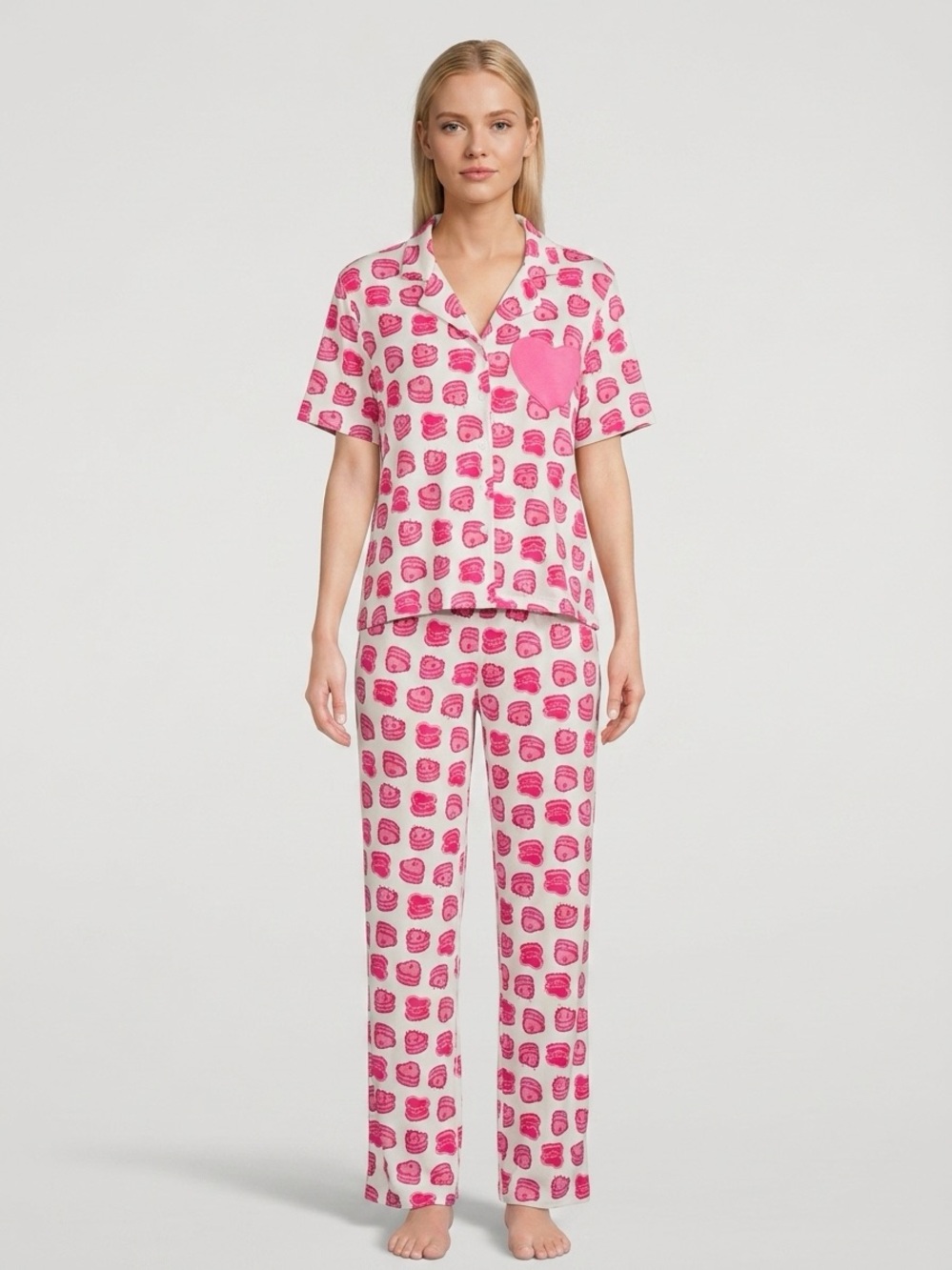 Madden Girl Pink Heart-Print Short Pajama Set